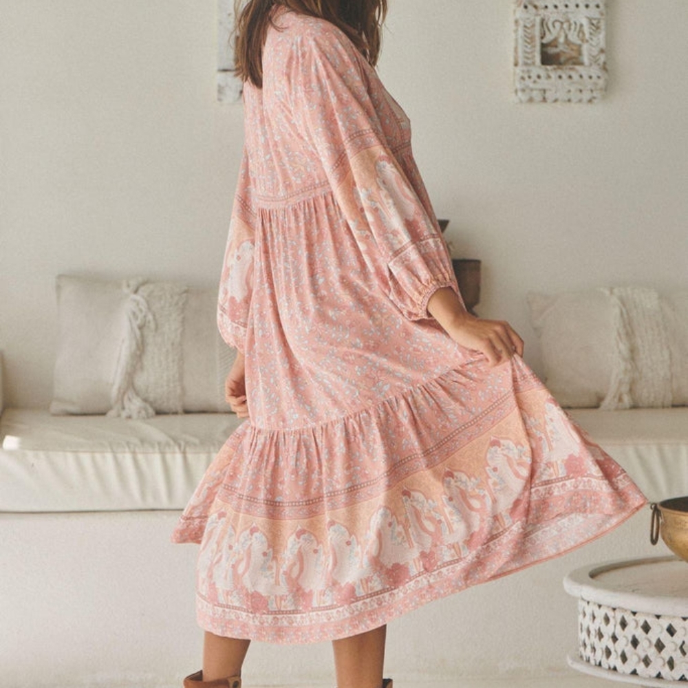 Jaase Swan Lake Ezra Midi Dress sz Medium BNWT Peony pink peachy boho Swans gown - Picture 4 of 9